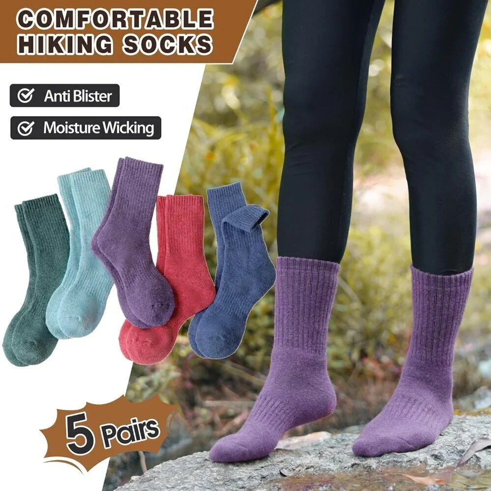 Women's Different 5 Pairs Merino Wool Hiking Warm Winter Cozy Comfy Boot Socks